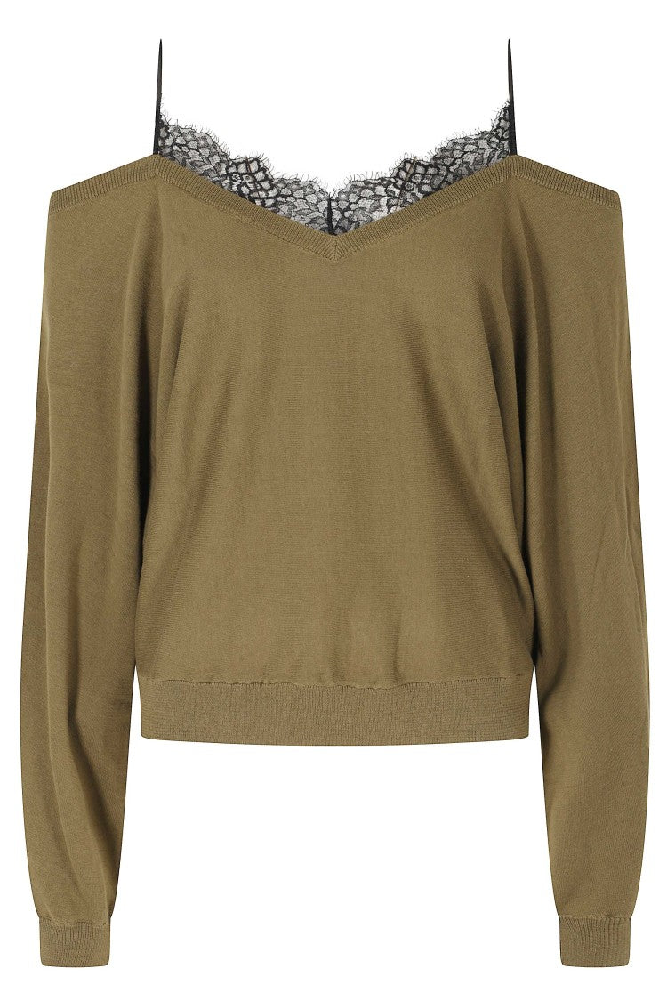 Iro Ivoire Green Cotton-Silk Lace Cut-Out Shoulder Top