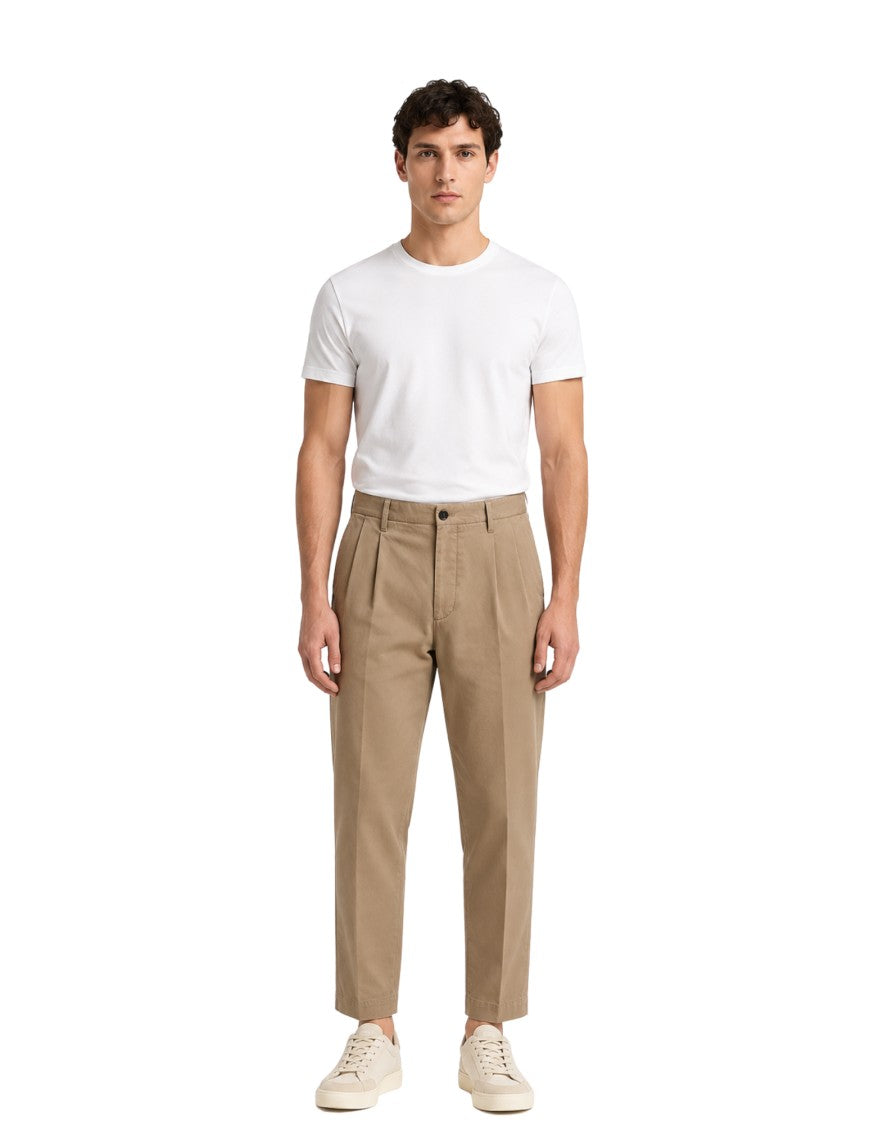 Nine In The Morning Camel Fold 2 Pleated Stretch-Cotton Chino Pants