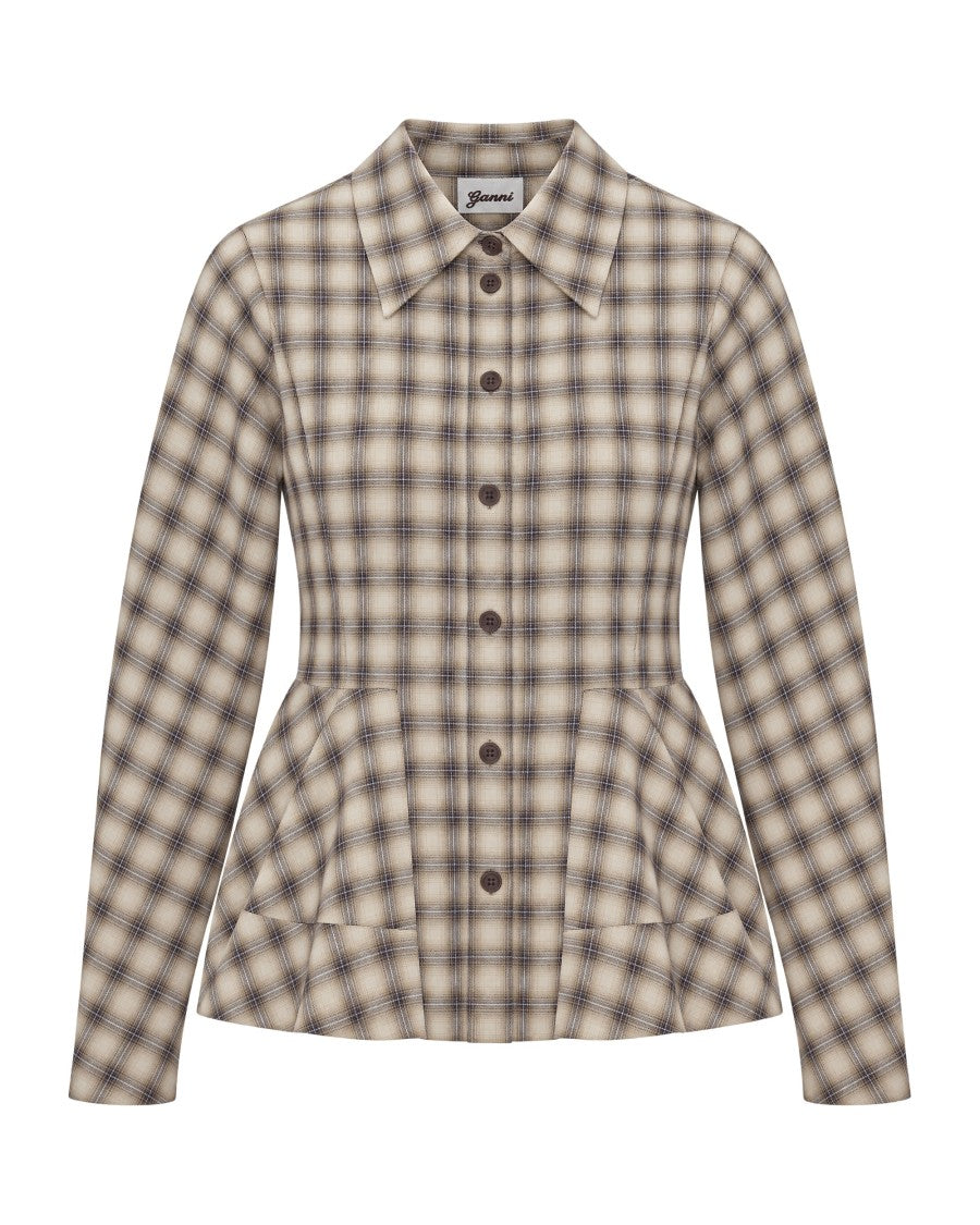 Ganni Oyster Gray Peplum Waist Plaid Shirt