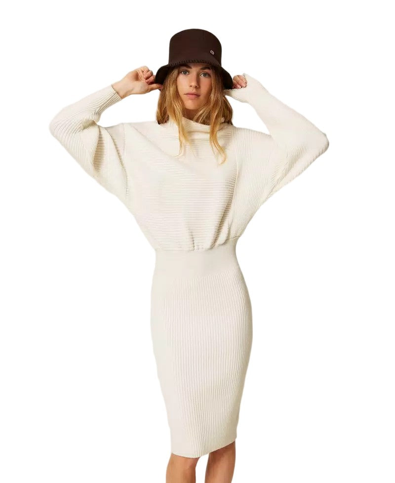 Twinset U&B Wool-Blend Ribbed Contrast Detail High-Neck Longuette Dress