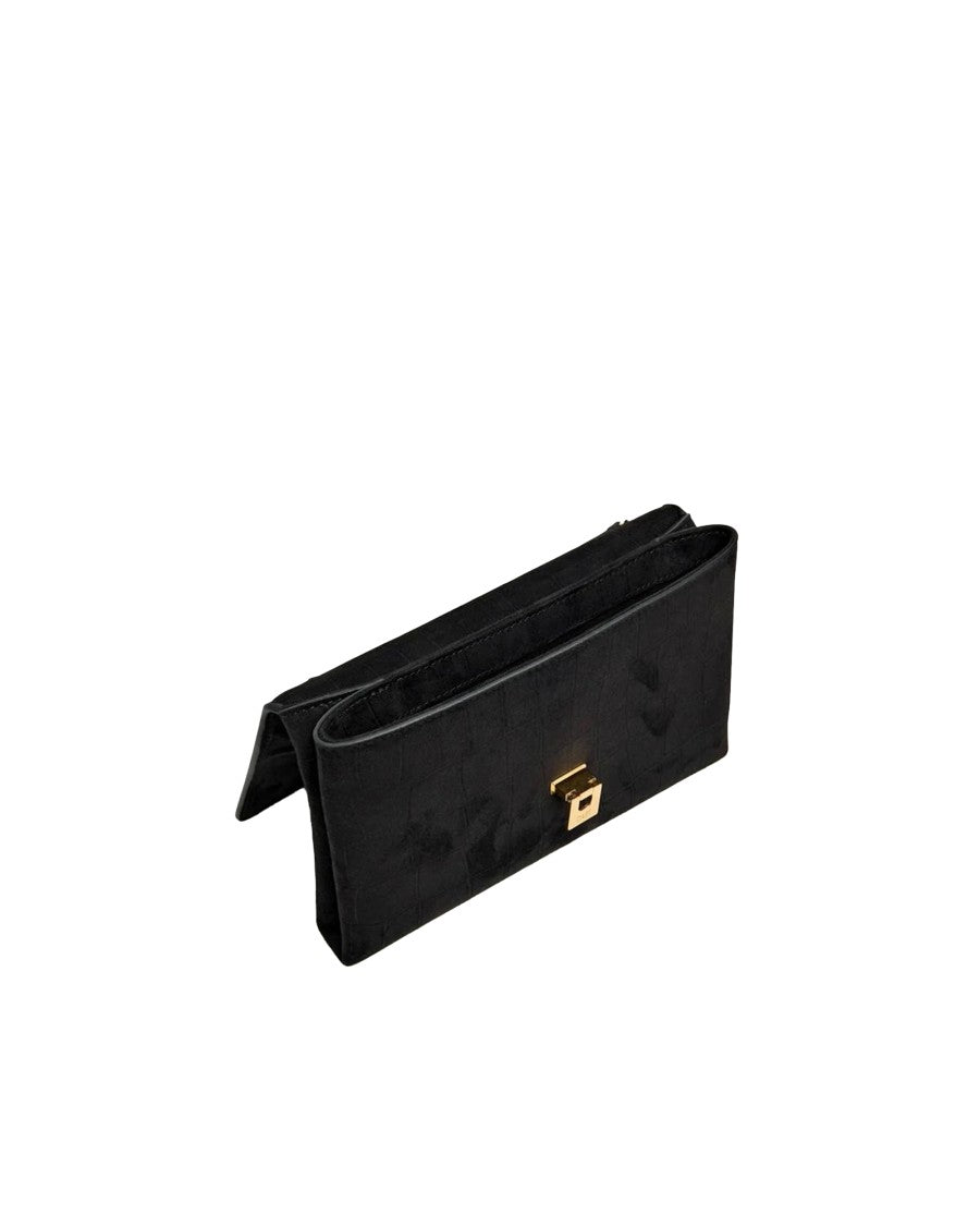 Elisabetta Franchi Compact Black Suede Shoulder Bag With Crocodile-Embossed Texture