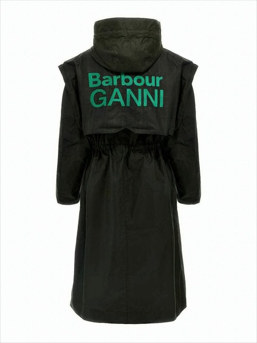 Barbour Long Black Coat With High Collar And Embroidered Branding