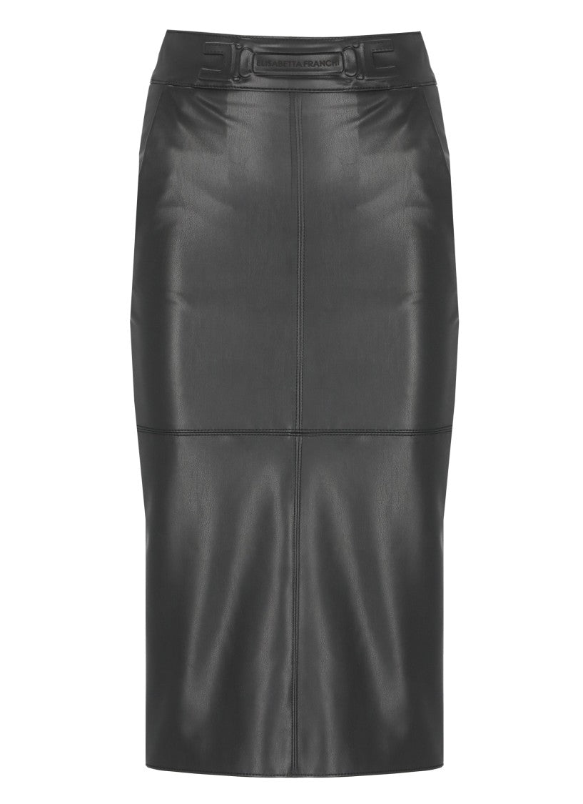 Elisabetta Franchi Fitted Black Midi Skirt With Embossed Logo Detail