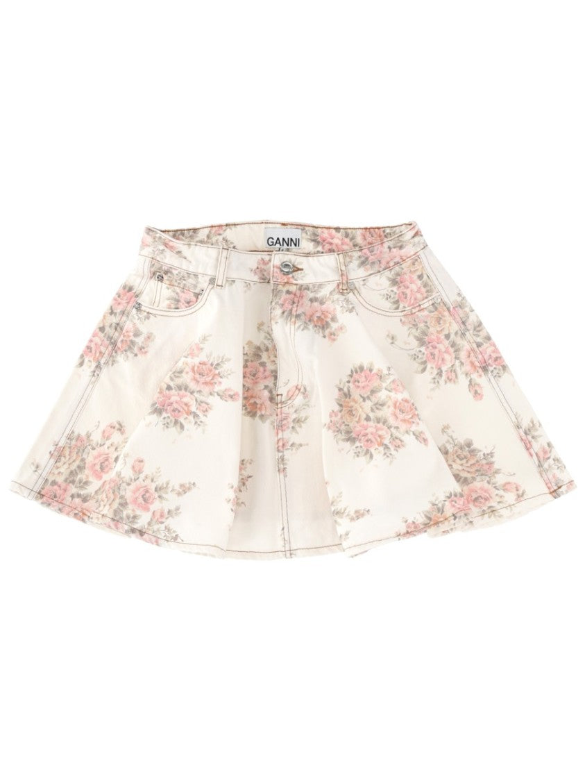 Ganni Ivory Flared Denim Mini Skirt