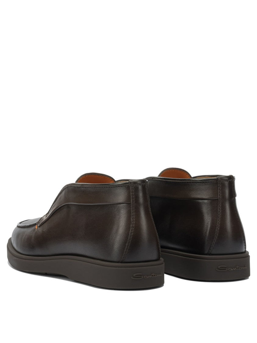 Santoni Brown Leather Loafers With Rounded Toe