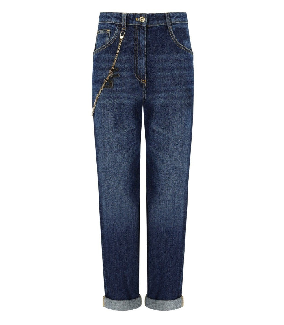 Elisabetta Franchi Capri Blue Denim Jeans With Removable Gold Chain