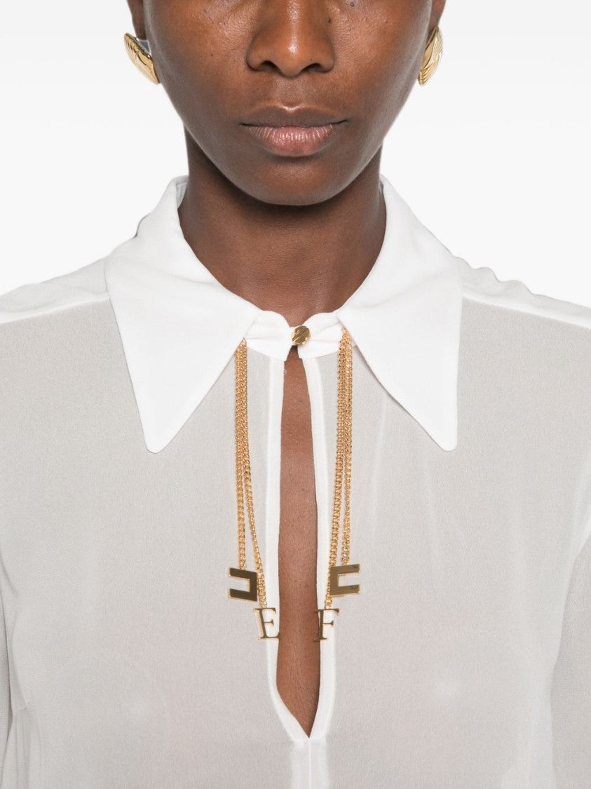 Elisabetta Franchi White Sheer Long-Sleeved Gold Chain Blouse