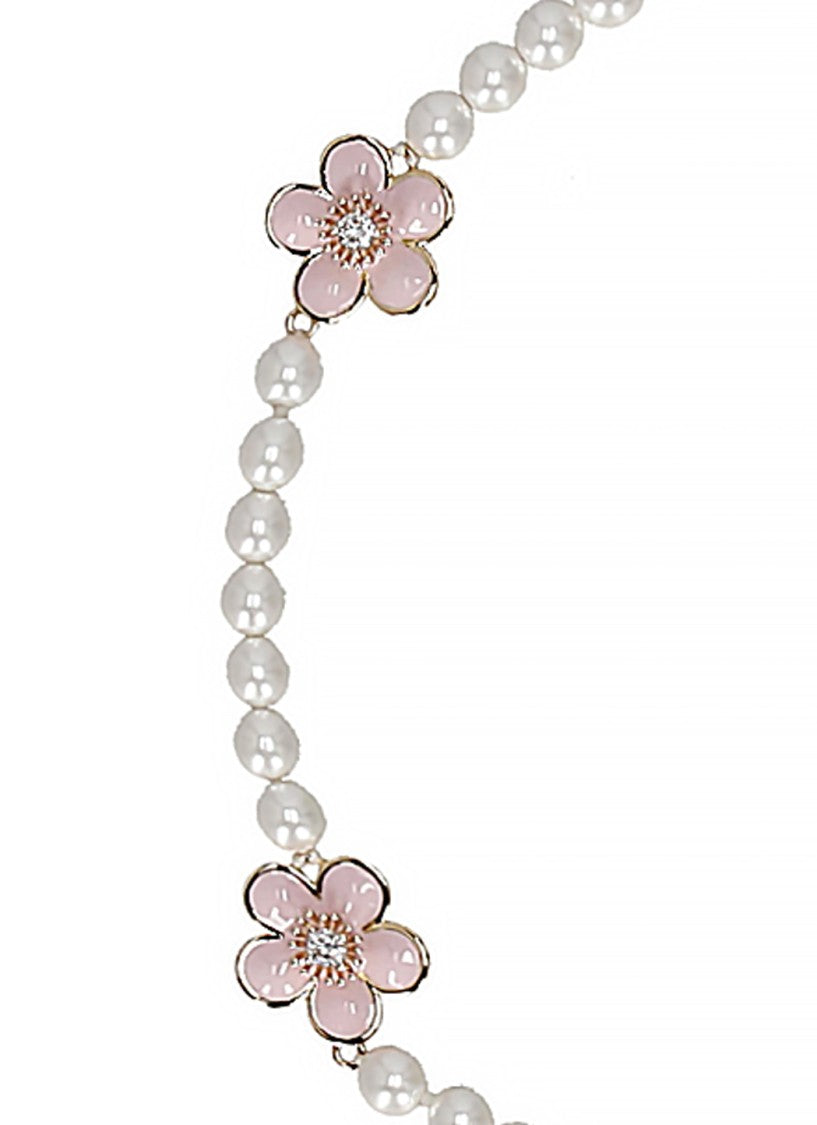Self-Portrait Floral Brass Necklace With Pearl String And Crystal Accents