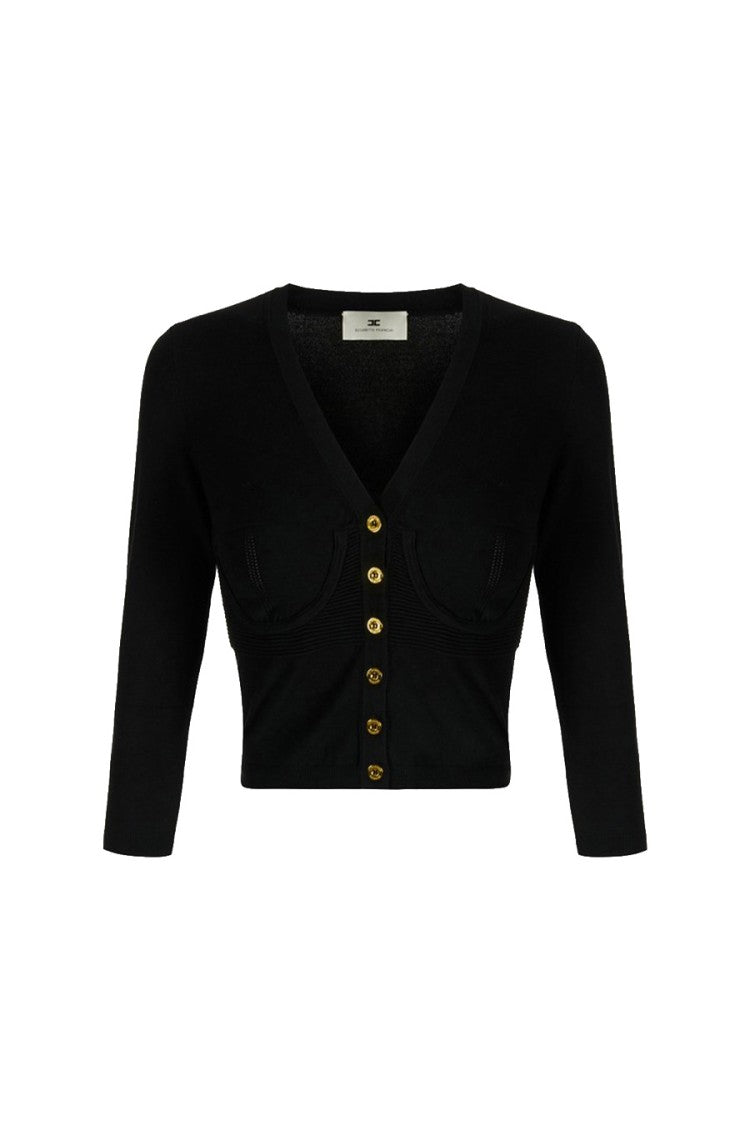 Elisabetta Franchi Black Cropped V-Neck Viscose-Blend Cardigan