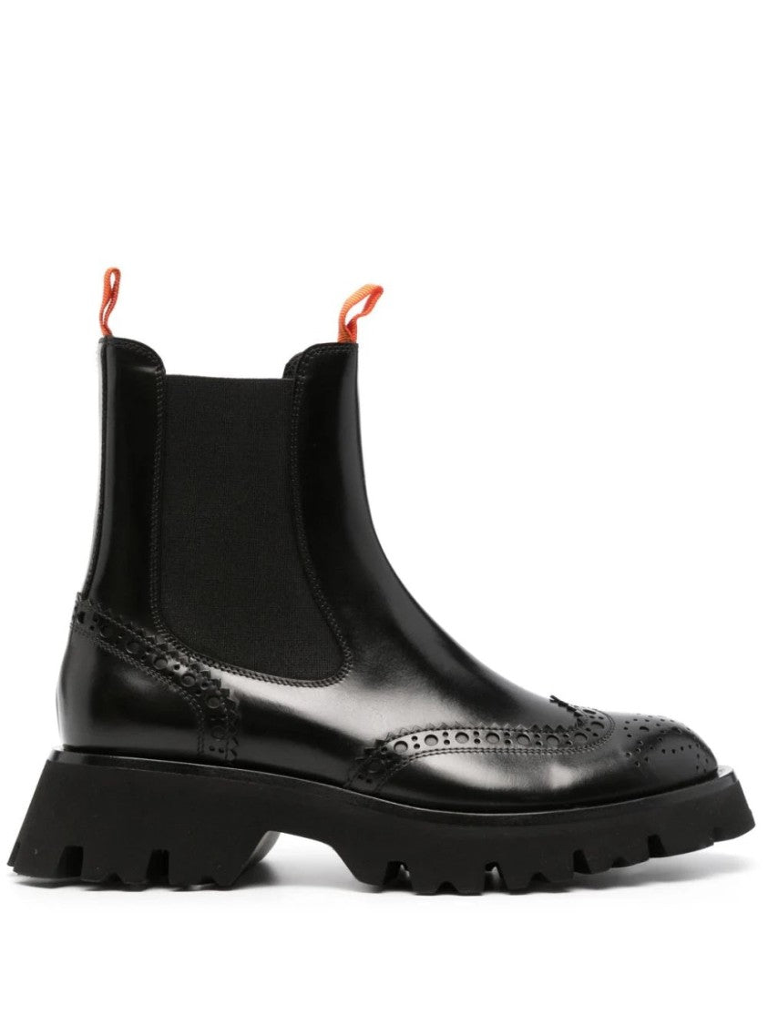 Santoni Brogued Black Leather Ankle Boots With Chunky Rubber Sole