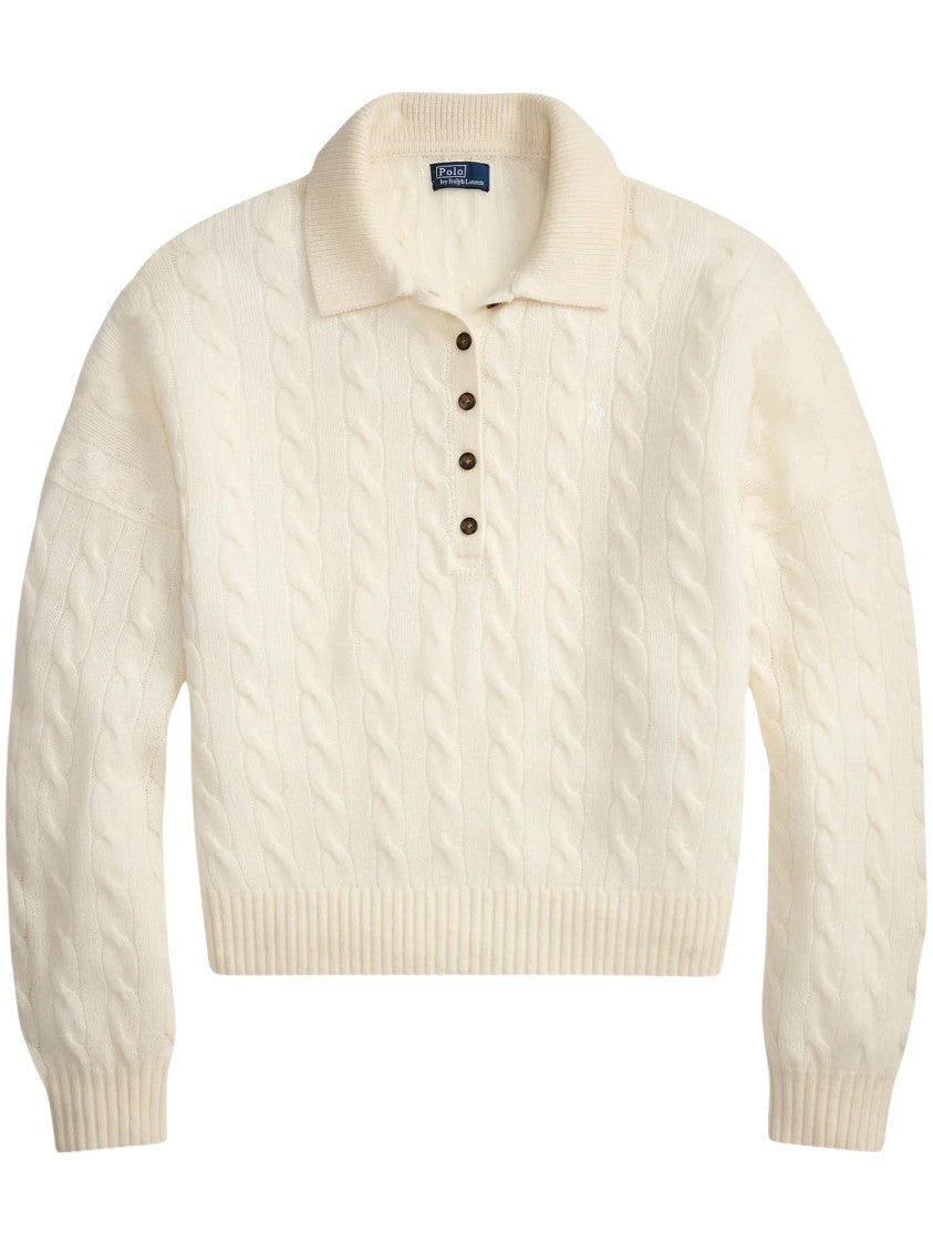 Polo Ralph Lauren Cropped Cable Knit Sweater With Polo Collar And Ribbed Cuffs