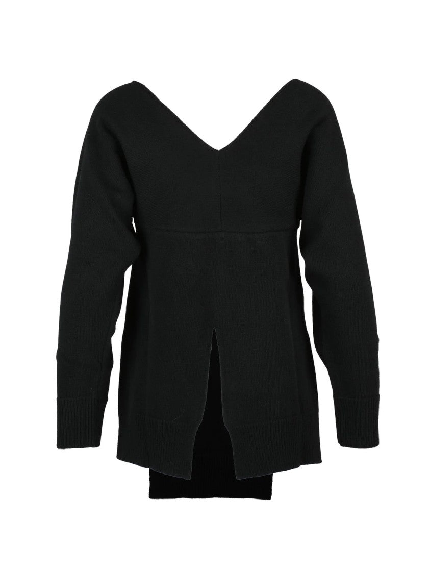 Stefano Mortari Asymmetrical Black Wool Knit Sweater With V-Neckline And Slit Detail