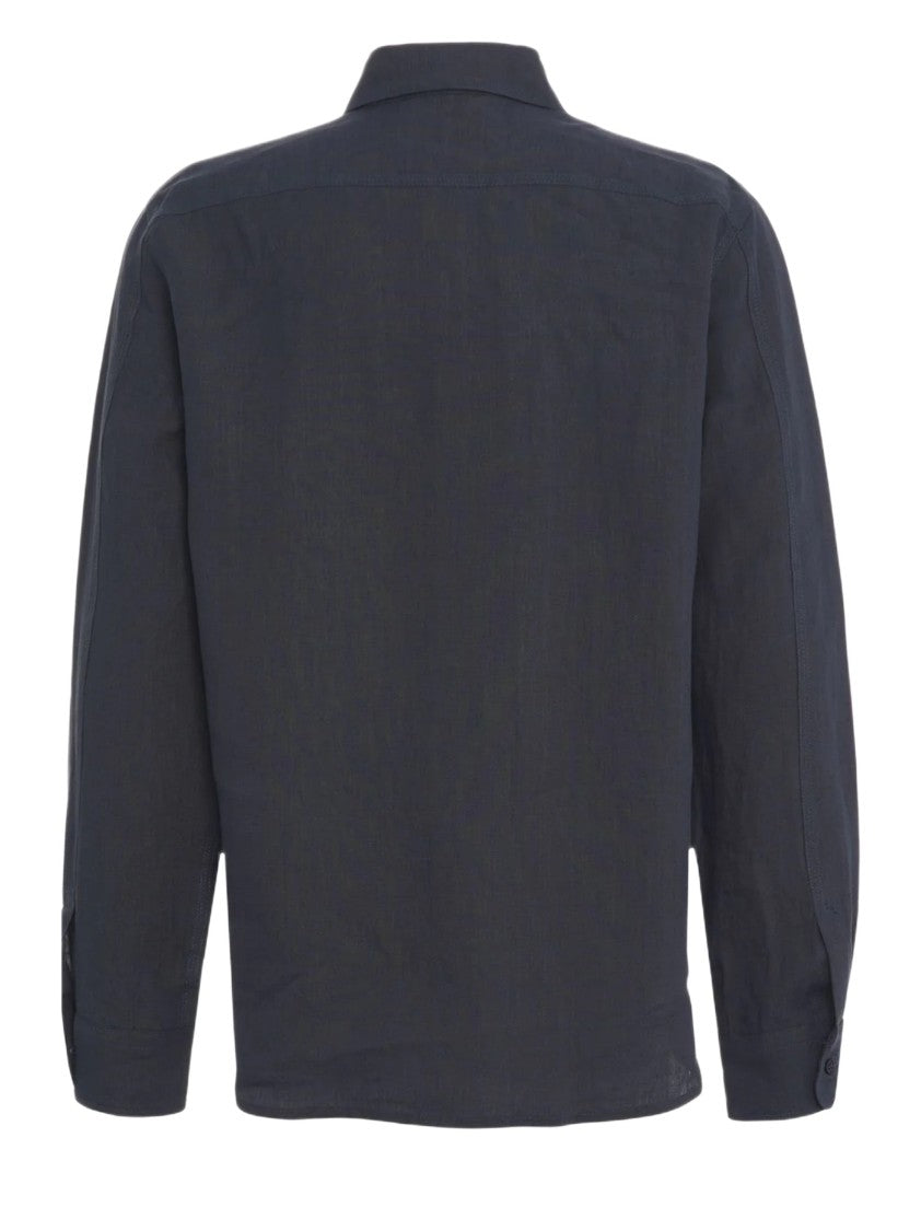 Amaranto Linen Blue Shirt With Chest Pockets And Classic Collar