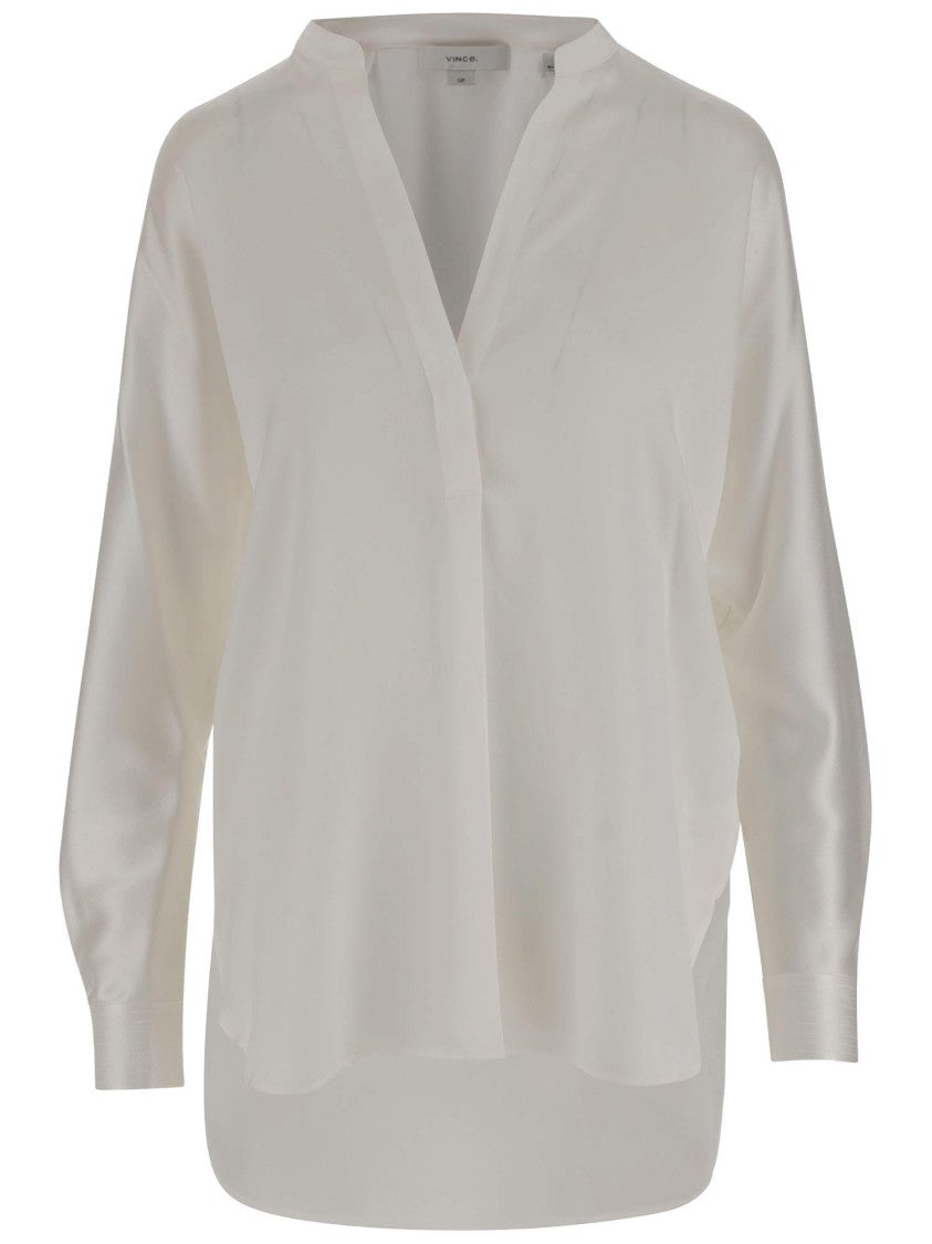 Vince Silk Satin Blouse With V-Neck And Asymmetrical Hem
