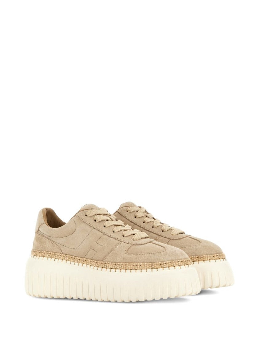 Hogan Beige Suede Sneakers With Thick Ridged Sole And Woven Trim