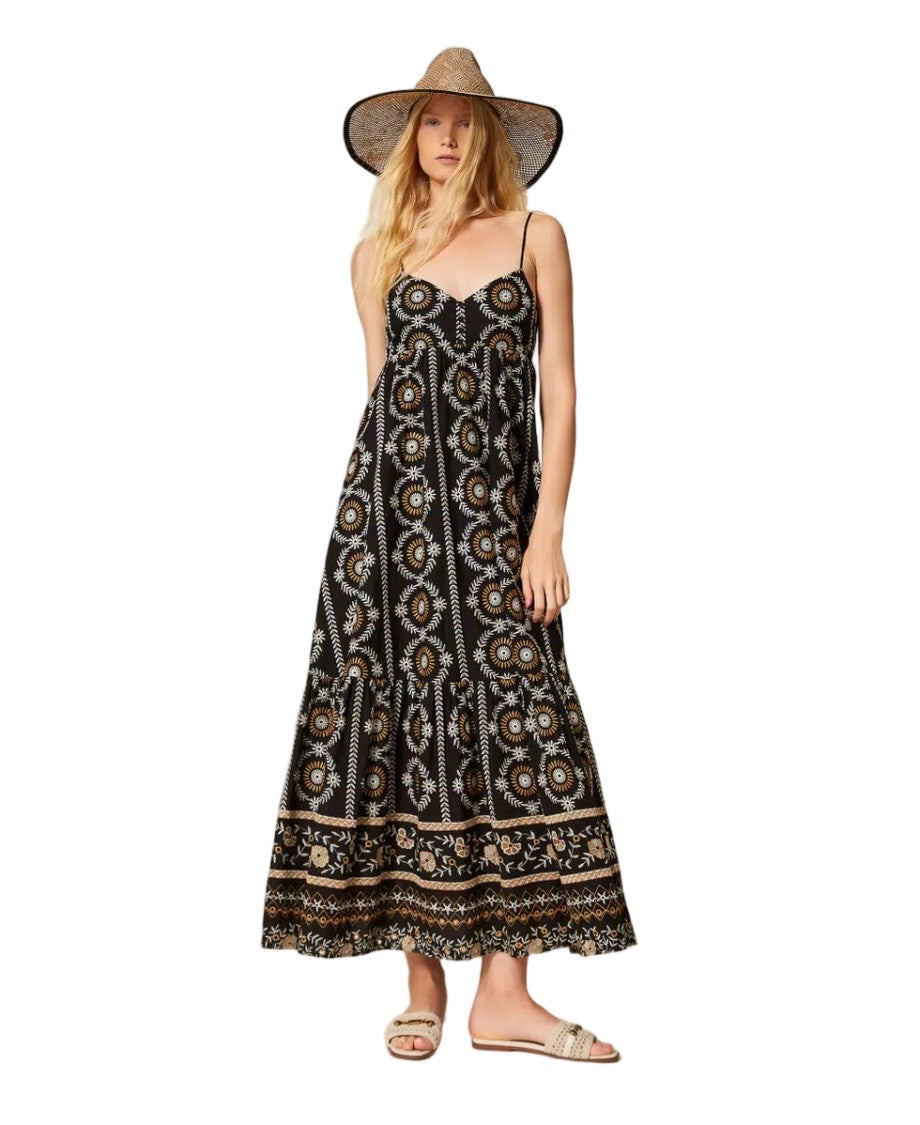 Twinset U&B Black Cotton Muslin Sangallo Embroidery Empire Dress
