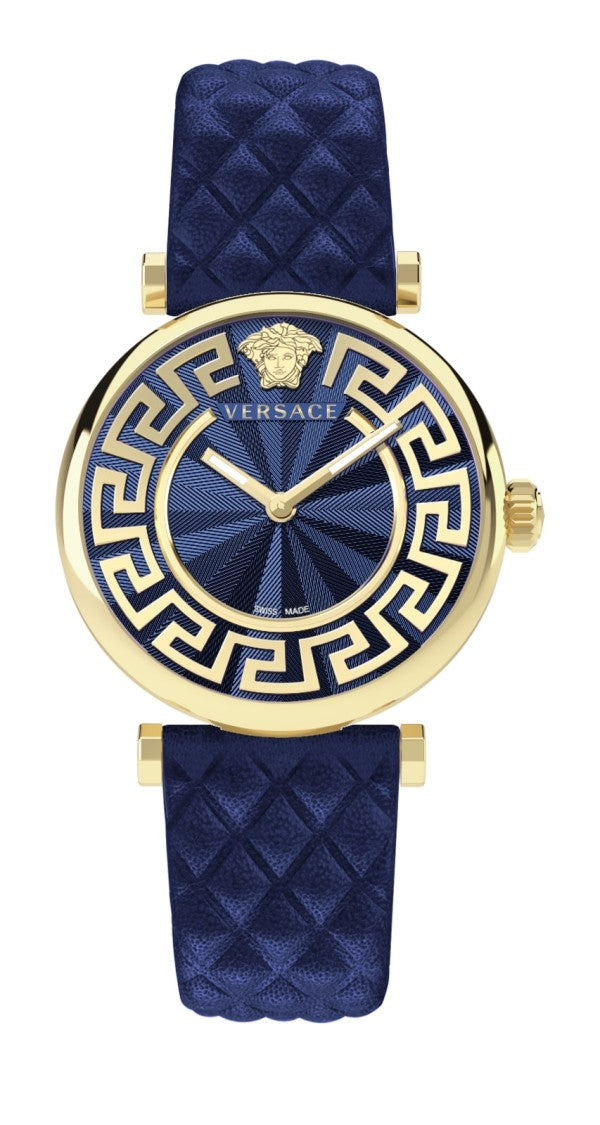 Versace Analog Watch With Gold-Tone Case And Blue Dial