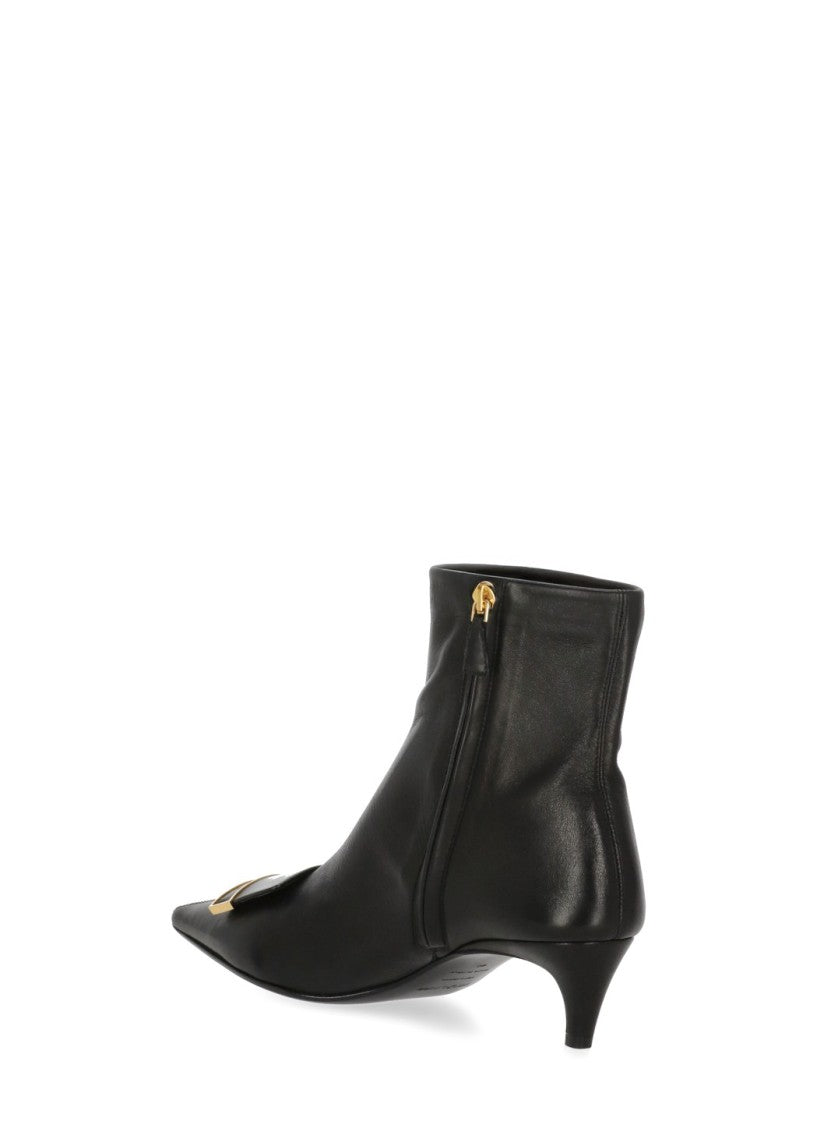 Sergio Rossi Smooth Black Leather Ankle Boot With Gold Front Plaque