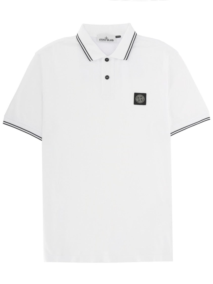 Stone Island White Black Stripe Square Logo Polo Shirt