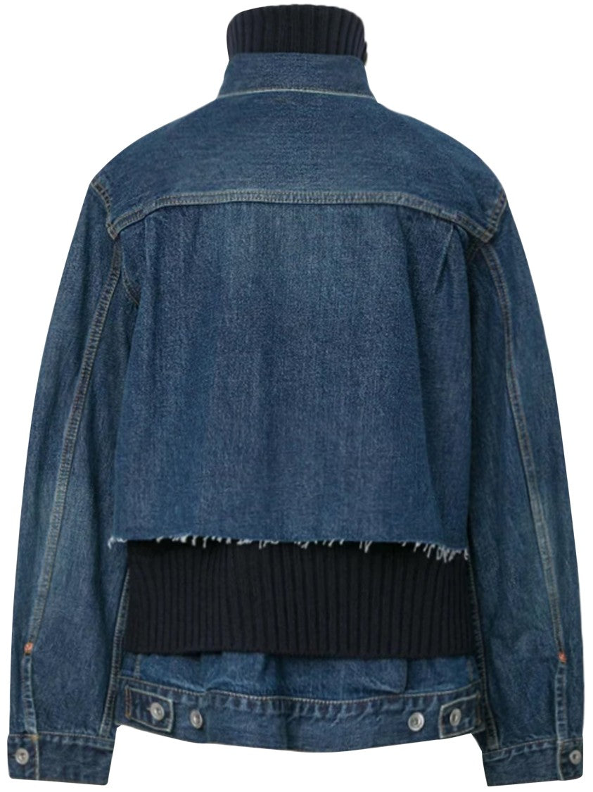 Sacai Layered Denim And Wool Knit Jacket With Cropped Effect