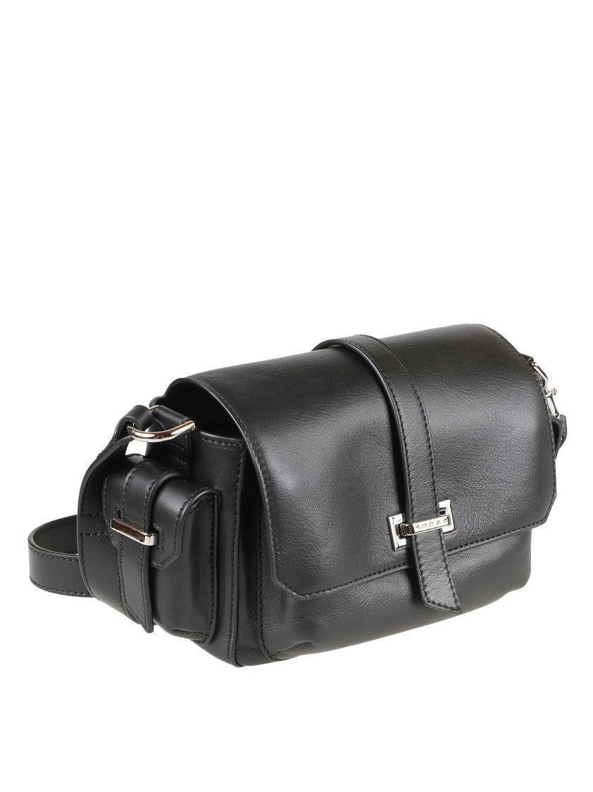 Hogan Rectangular Black Leather Shoulder Bag With Flap Closure