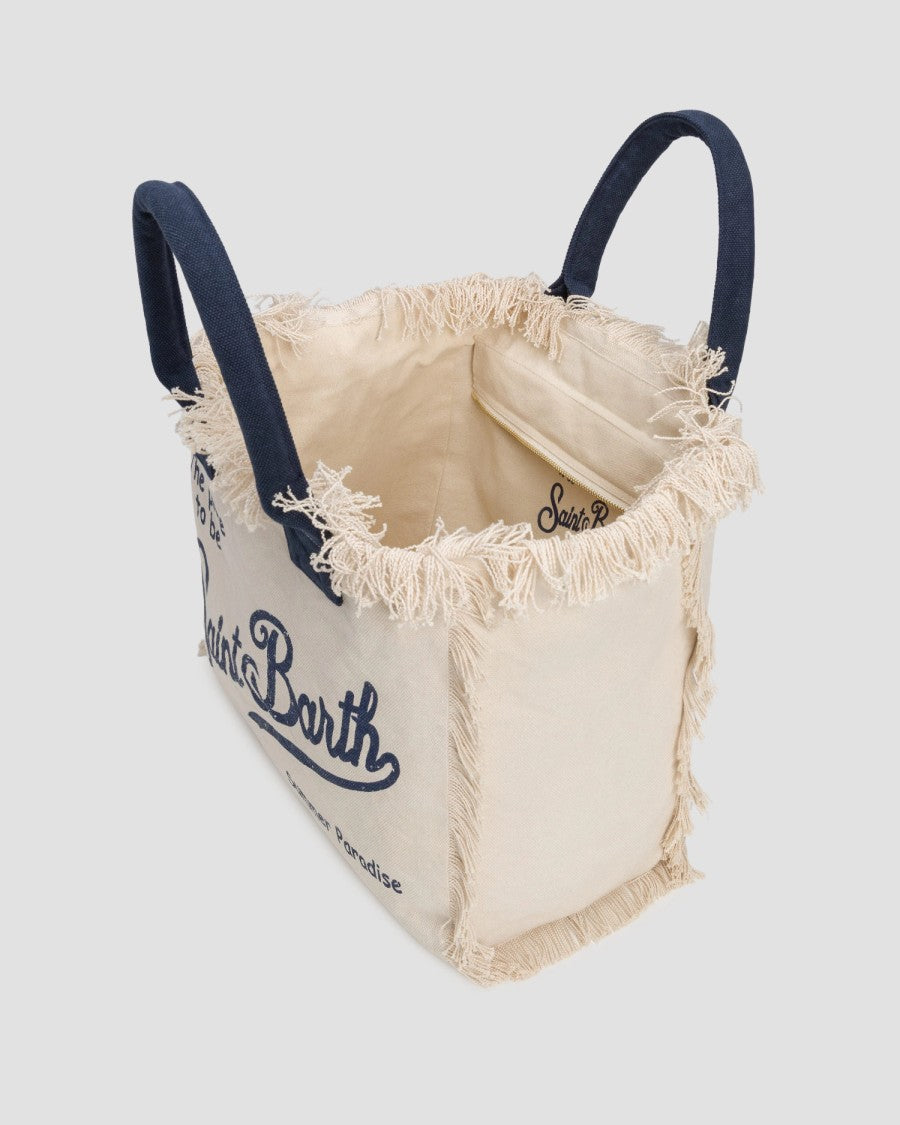 Mc2 Saint Barth Rectangular Natural Canvas Tote Bag With Fringed Edges