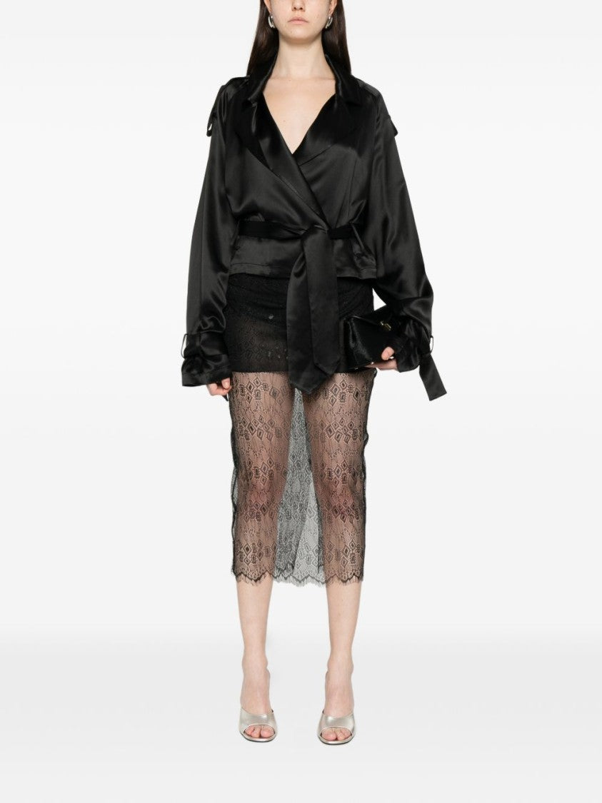 The Frankie Shop Black Satin Lace Midi Skirt