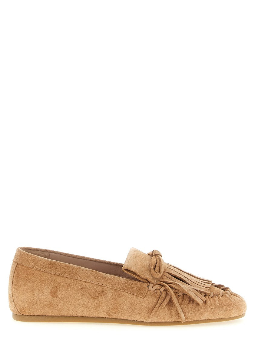 Stuart Weitzman Suede Loafers With Tone-On-Tone Fringes And Decorative Bow
