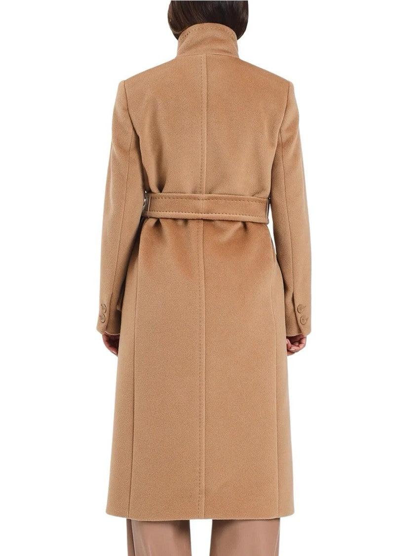 Max Mara Long Double-Breasted Beige Wool Coat With Matching Belt