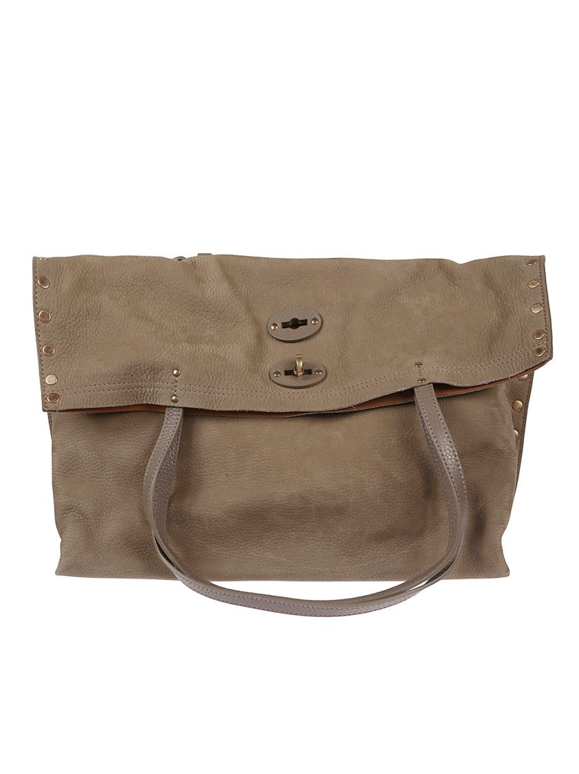 Zanellato Spacious Textured Leather Shoulder Bag With Decorative Studs