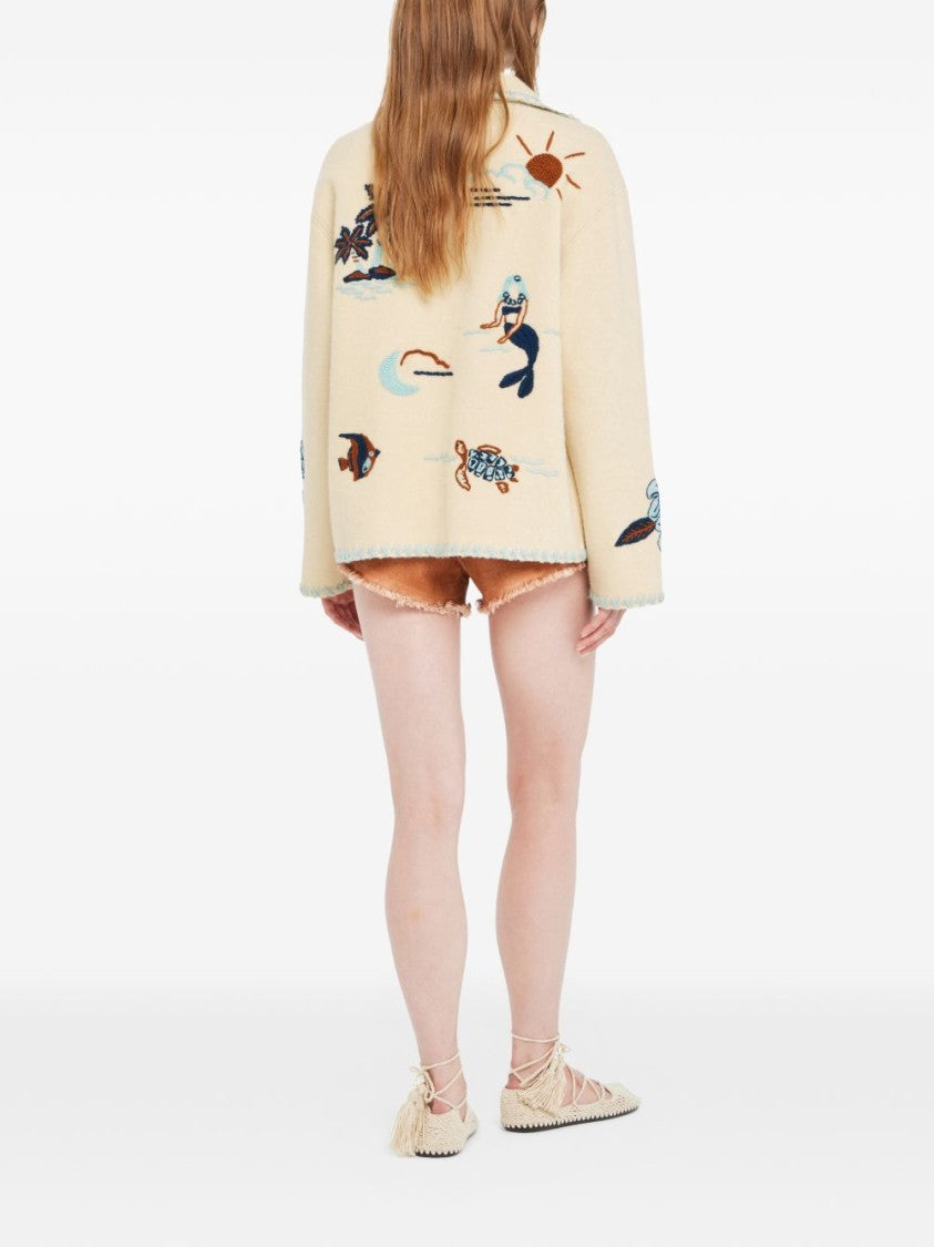 Alanui Boxy Cream Sweater With Intricate Embroidery
