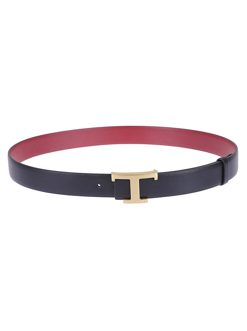 Tod's Merlot Leather Belt With Polished Gold-Tone T Buckle