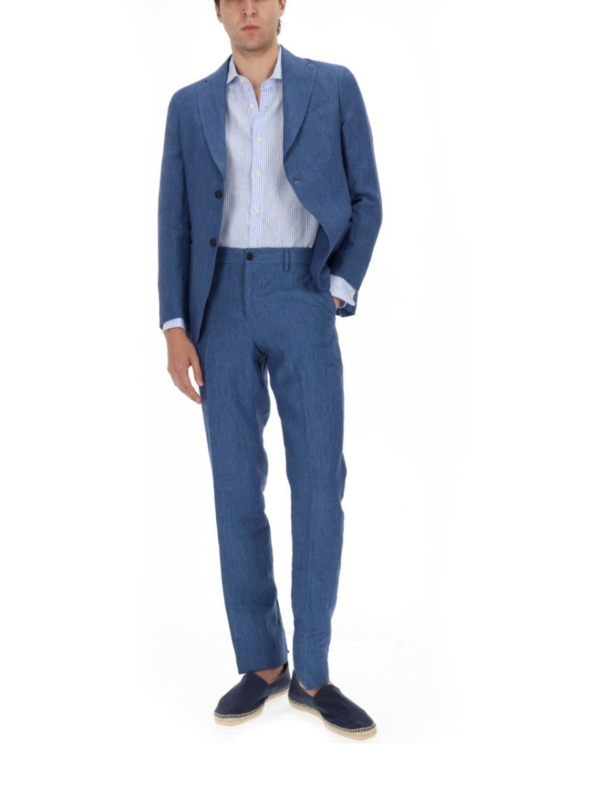 120% Lino Medium Blue Textured Linen Trousers