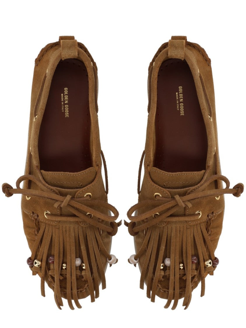Golden Goose Cruise Warm Brown Suede Fringe Moccasins Loafers
