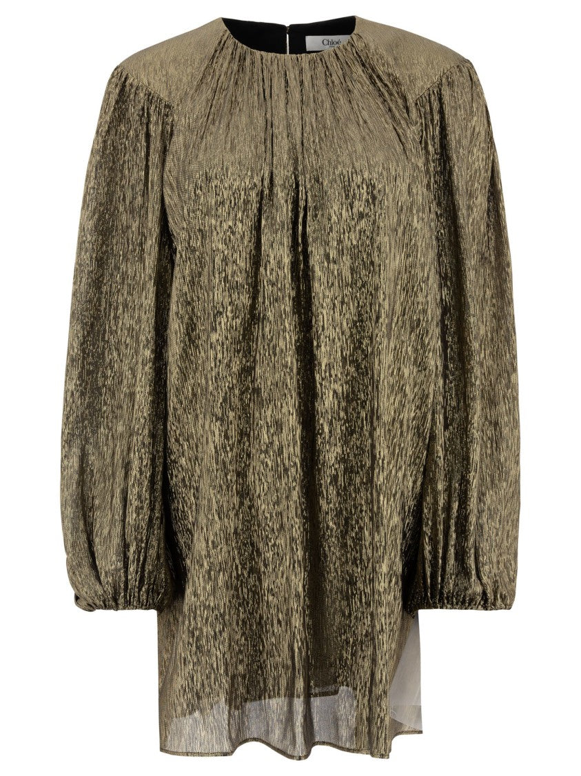 Chloé Voluminous Puff Sleeve Dress In Gold Silk Blend