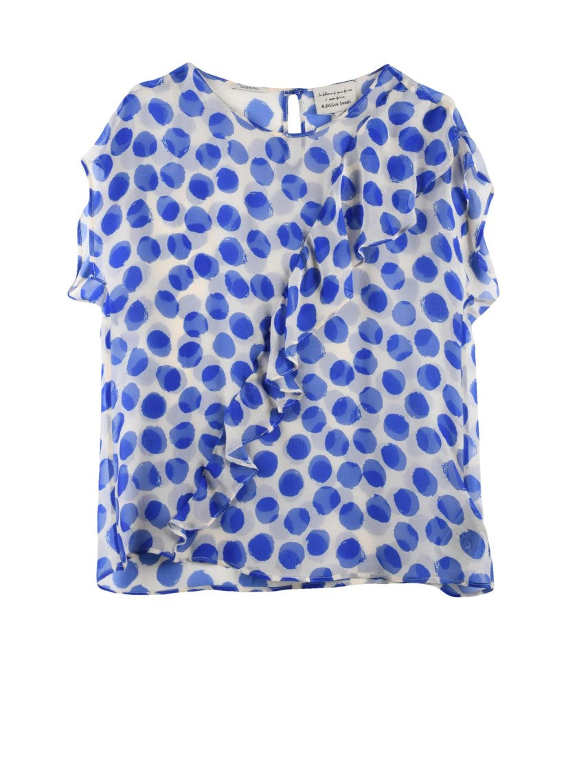 Alessia Santi Blue Voile Ruffle Detail Viscose-Silk Blouse