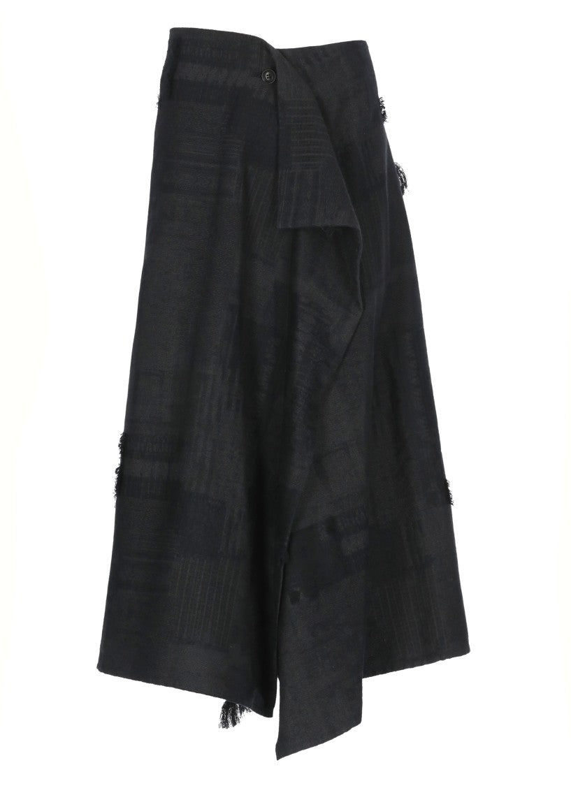 Y's Asymmetrical Dark Grey Midi Skirt With Fringed Details