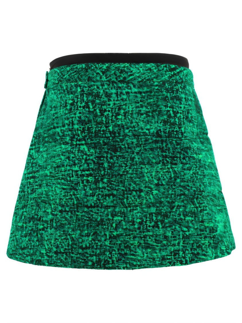 Moncler Textured Green Mini Skirt With Black Waistband And A-Line Silhouette
