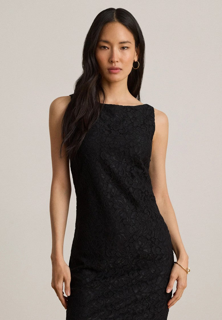 Lauren Ralph Lauren Fitted Black Floral Lace V-Back Midi Dress