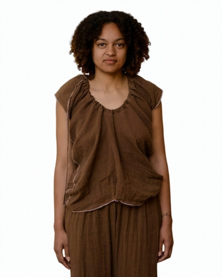 Baserange Brown Sleeveless Loose Fit Gathered Top