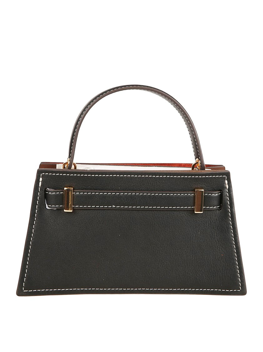 Tory Burch Structured Black Leather And Suede Handbag With T-Buckle Closure