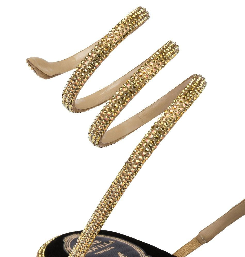 René Caovilla Cleo Black And Gold Flat Sanda