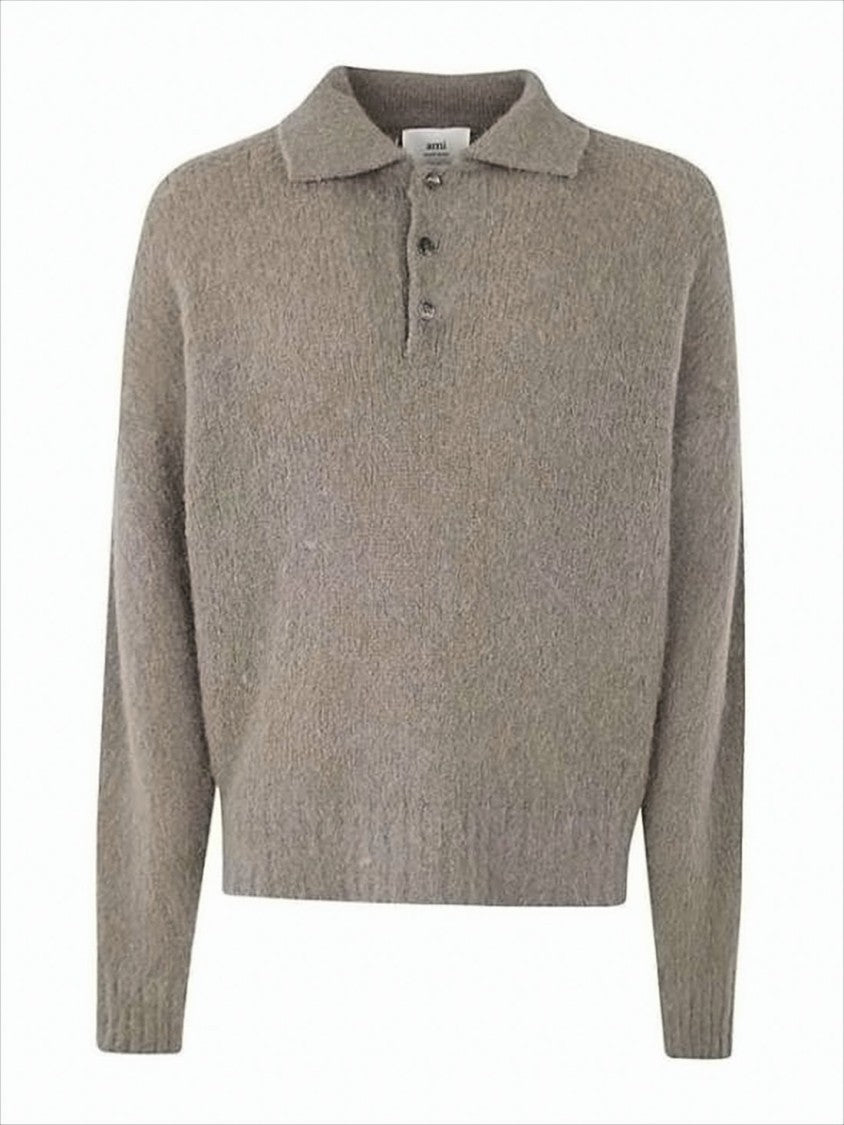 Ami Polo Collar Knit Sweater In Textured Alpaca Blend