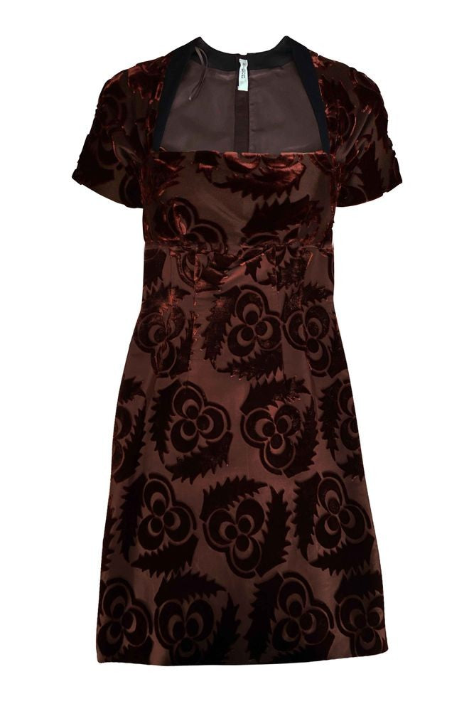 Prada Flared Brown Dress With Velvet Flower Inserts