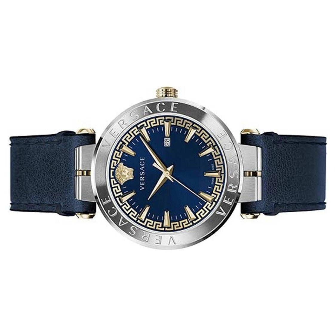 Versace Men's 44Mm Analog Timepiece With Blue Dial And Calf Leather Strap