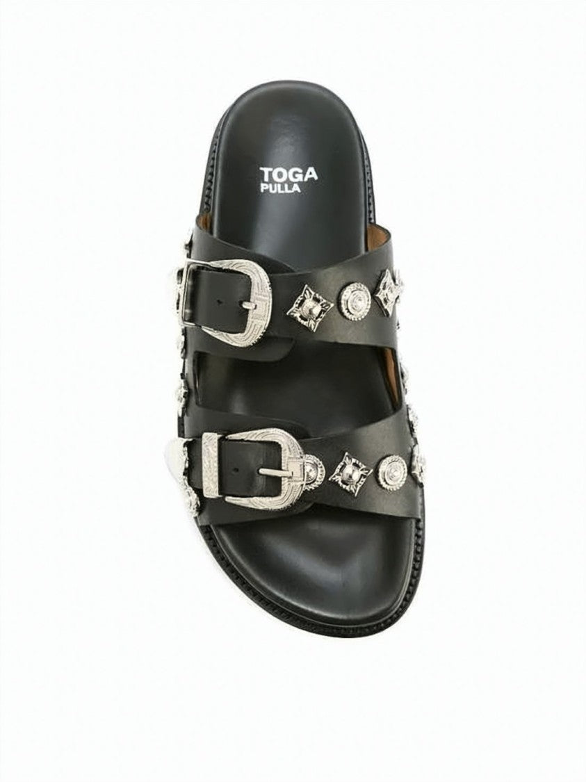 Toga Black Leather Slide Sandals With Metallic Buckles And Studs