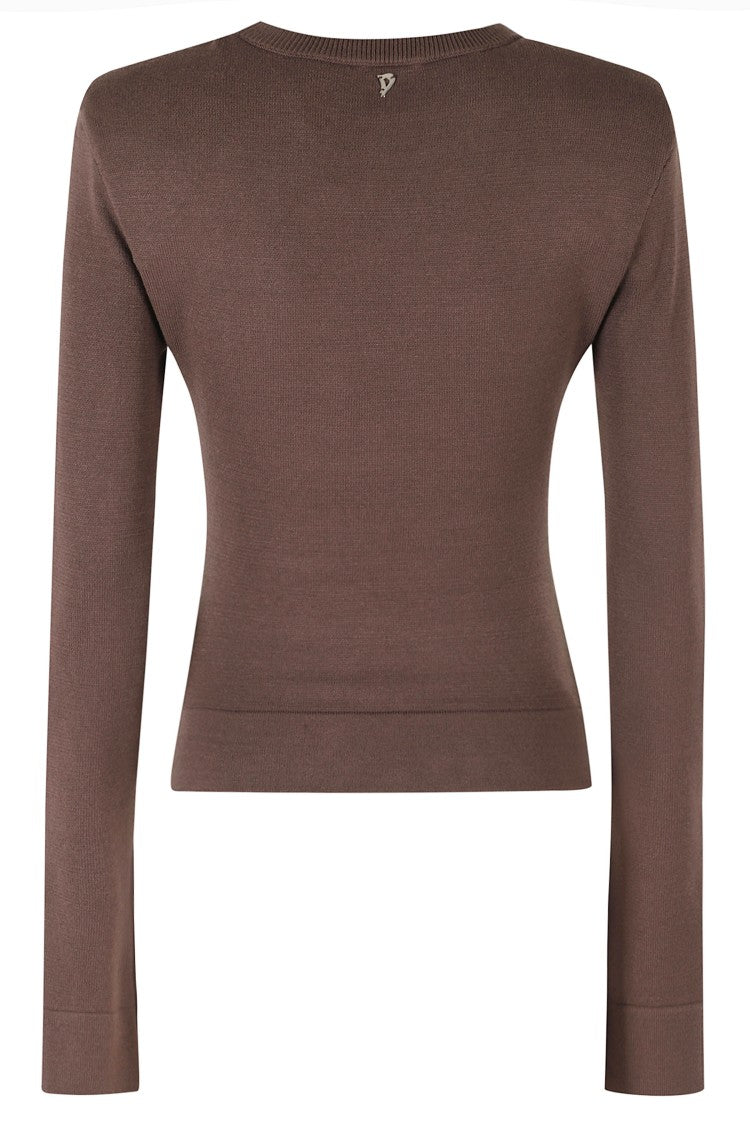Dondup Chocolate Brown Viscose-Blend Ribbed Slim Sweater