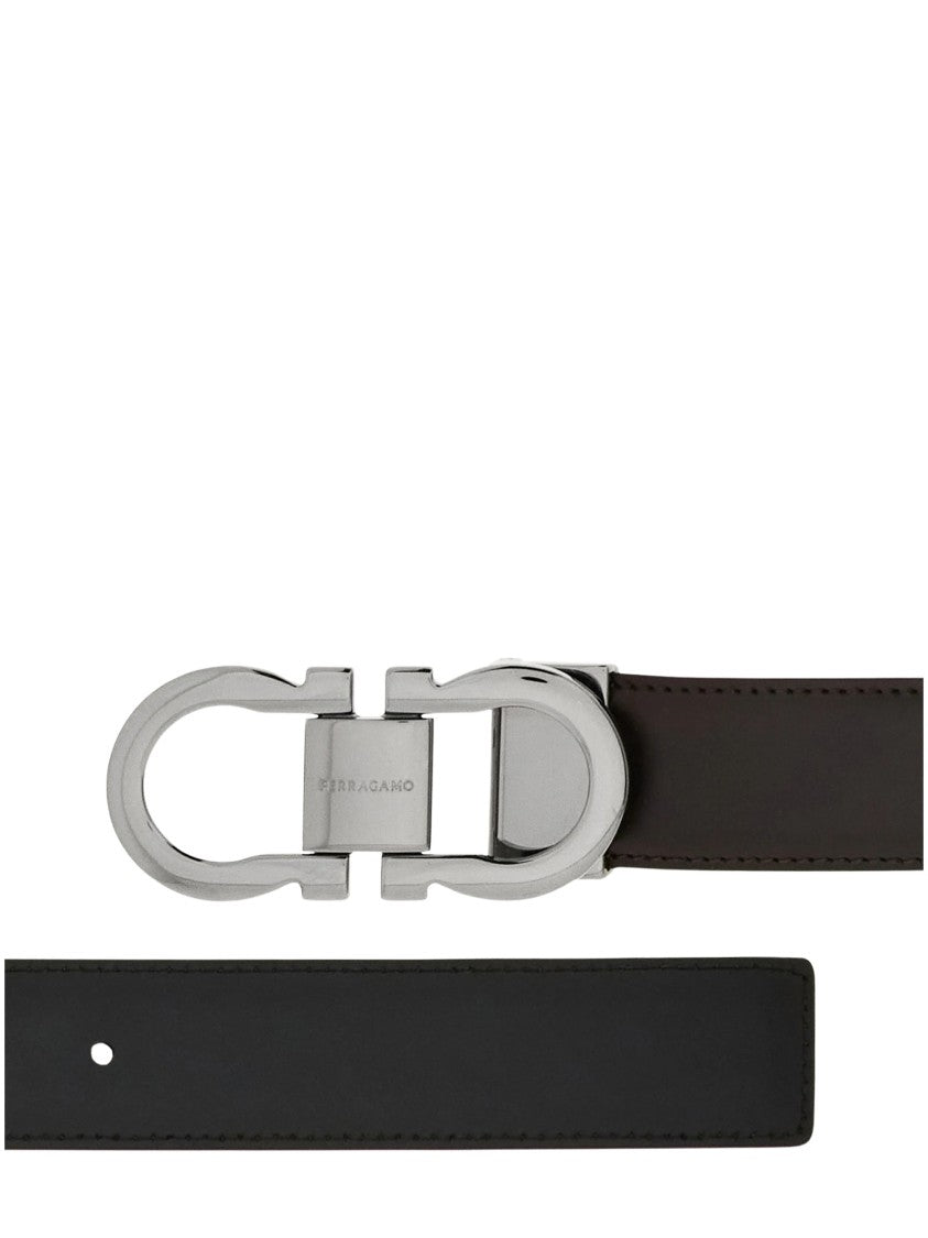 Ferragamo Reversible Leather Belt With Polished Double Gancini Buckle