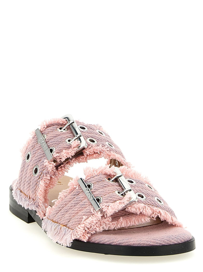 Ganni 'Feminine Buckle Fringed Denim' Sandals