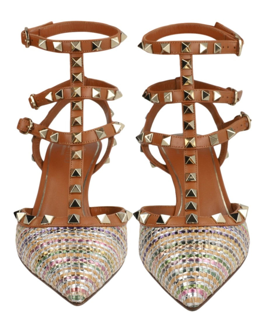 Valentino Rockstud Caged Pumps In Woven Fabric And Leather